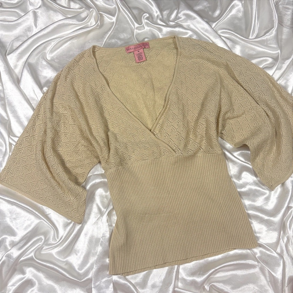 y2k Bandolino Knit Top Beige Excellent Pointelle Wrap V-Neck Kimono Sleeve